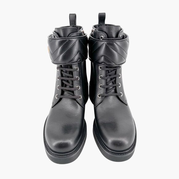 Gucci Marmont GG Combat Boot Size 37 US 7 Black Lace Up Quilted Ankle Biker Logo - Picture 3 of 14